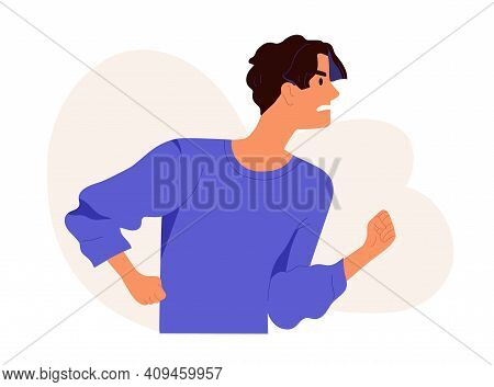 Aggressive Behavior Of Furious Angry Man With Annoyed Facial Expression. Profile Portrait Of Irritat