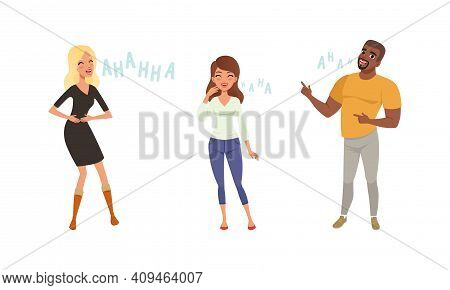 Positive Young Man And Women Laughing Out Loudly Set, Happy People Having Fun Cartoon Vector Illustr