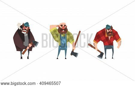 Bald Bearded Lumberjack In Action Set, Powerful Woodcutter Character With Axe Cartoon Vector Illustr