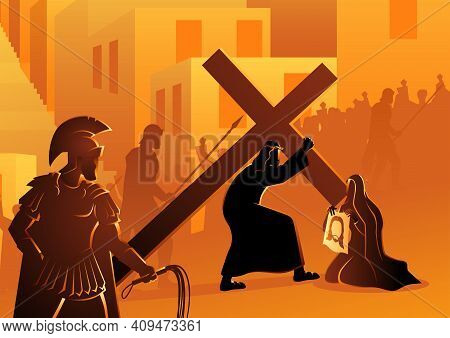 Biblical Vector Illustration Series. Way Of The Cross Or Stations Of The Cross, Sixth Station, Veron