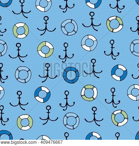 Seamless Pattern With Hand Drawn Anchors, Lifesavers On Blue Background For Surface Design And Other