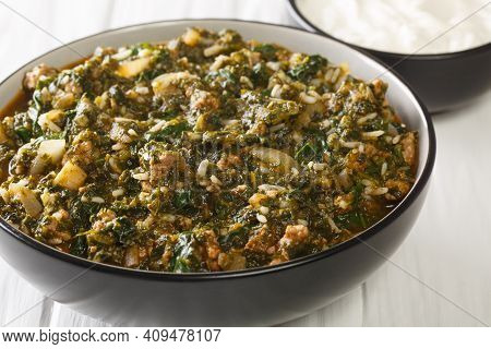 Traditional K?ymal? Ispanak Recipe Ground Beef With Spinach, Rice And Onion Close-up In A Bowl On Th