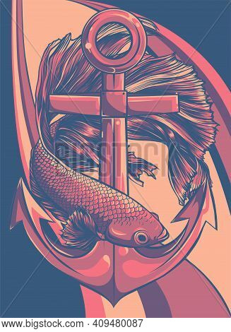 Fish Around The Anchor Vector Illustration Design