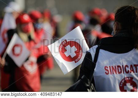 Bucharest, Romania - February 23, 2021: Details With The Logo Of The Healthcare Union Sanitas On A F