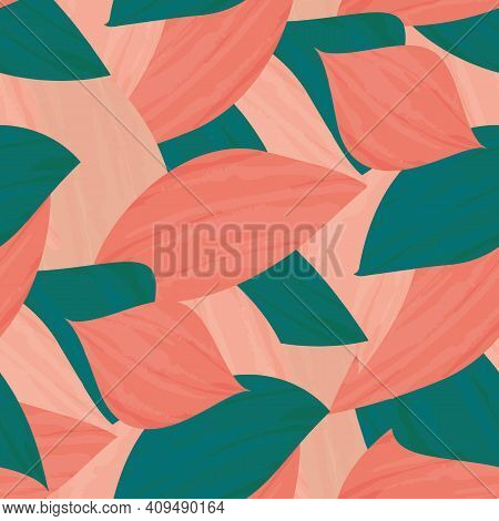 Painterly Pink Teal Tropical Leaves Seamless Vector Pattern Background. Texture Backdrop With Overla