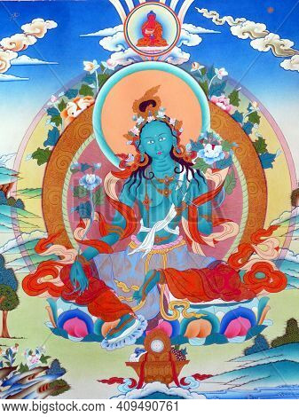 Ornate Tibetan Buddhist Art, Painting Or Thangka, An Important Traditional Meditational Tool Depicti