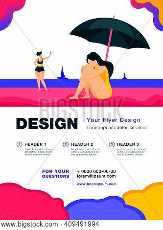 Depressed Woman On Sea Beach. Sad Girl Sitting On Sand Under Umbrella Flat Vector Illustration. Majo