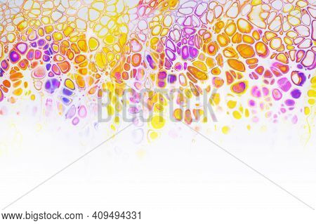 Colorful Abstract Acrylic Painting. Free Flowing Cells On White. Pouring.