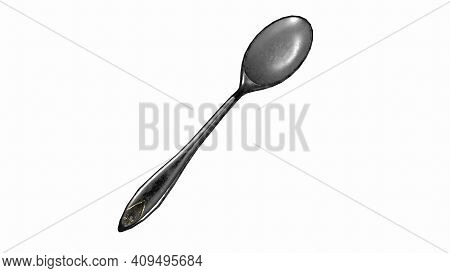 3d Rendering. Top View Of Metal Spoon With Clipping Path Isolated On White Background.