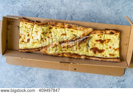 Turkish Fast Food Take Away Pide With Cheese In Box. Ready To Serve And Eat.