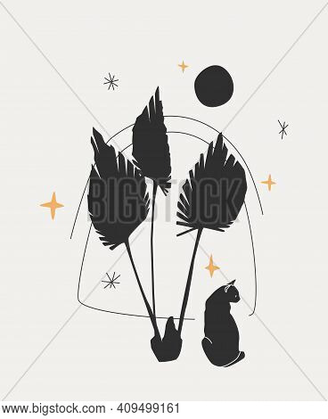 Cat, Full Moon, Stars, And Palm Leaves. Black Vector Silhouettes Isolated Over Gray Background. Tren
