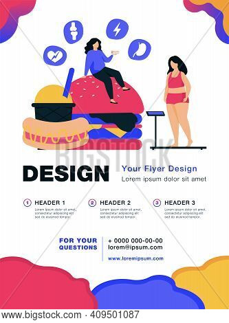 Fat Woman Keeping Unhealthy Diet, Eating Junk Food, Having High Cholesterol And Health Problem. Vect