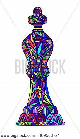 Bright King Chess Piece With Decorative Abstract Patterns Doodle Style, Isolated On White. Stylish C