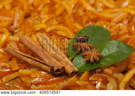 Candied Orange Peel And Spices. Succade Is Candied Orange Peel, Lemon Leaves, Cinnamon And Star Anis
