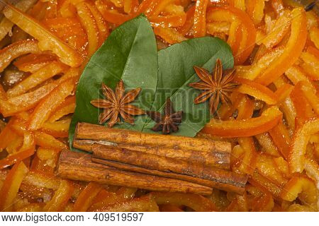 Candied Orange Peel And Spices. Succade Is Candied Orange Peel, Lemon Leaves, Cinnamon And Star Anis