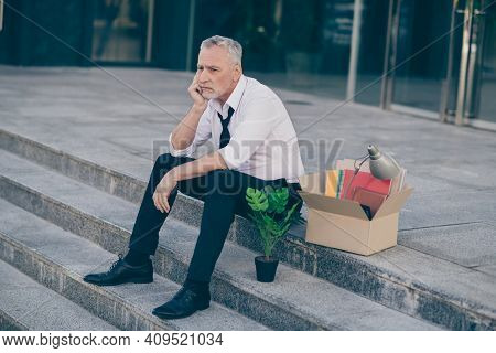 Full Size Photo Of Sad Old Business Man Sit Got Fired Wear White Shirt Outdoors Near Work Center
