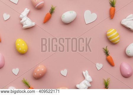 Easter Holiday Border With Eastr Eggs Bunny And Carrots
