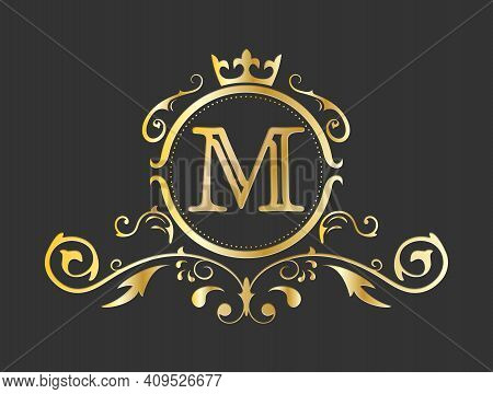 Golden Stylized Letter M Of The Latin Alphabet. Monogram Template With Ornament And Crown For Design