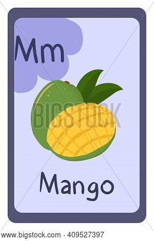 Colorful Abc Education Flash Card, Letter M - Mango. Alphabet Vector Illustration With Food, Fruits 