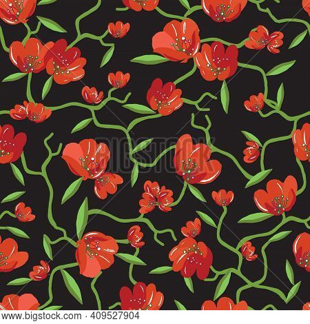 Beautiful Summer Trendy Wild Blooming Flower Red Tulip Seamless Pattern In A Hand Drawing Style. Aqu