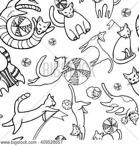 Pattern Of Hand Drawn Cats Doodle Playing With Balls And Flags