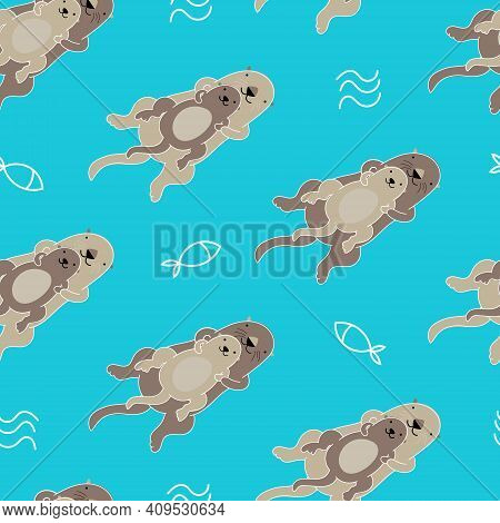 Vector Seamless Pattern With Cute Sea Otter With Yuong On The Belly. Designed For Children Textile E