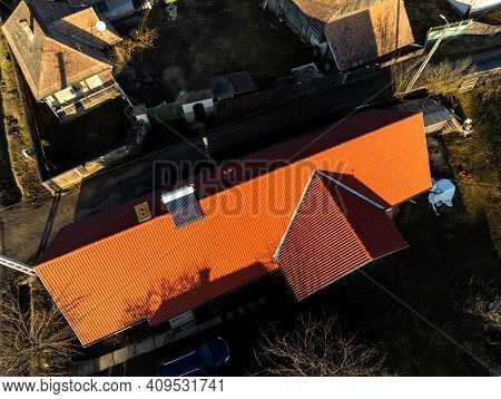 Top Down Aerial Drone View, Solar Water Heater Boiler On Rooftop.