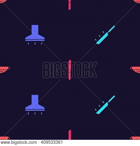 Set Frying Pan, Kitchen Extractor Fan, Bread Knife And Colander On Seamless Pattern. Vector
