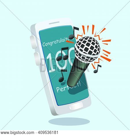 Microphone In Front Of Mobile Karaoke Application Illustration.  3d, Three Dimentional Drawing Carto