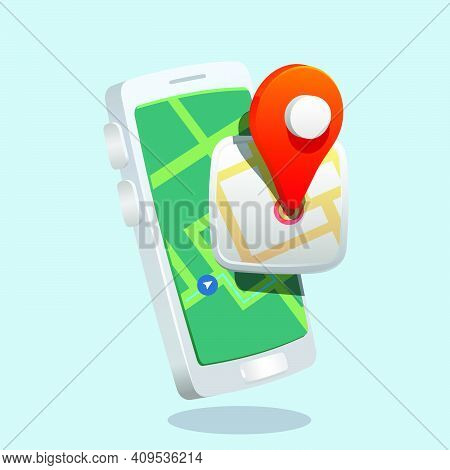 Mobile Map Application Icon In Front Of City Map Screen Smartphone.3d, Three Dimentional Drawing Car