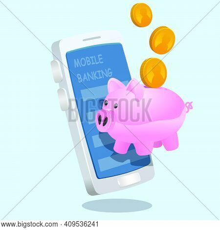 Piggy Bank In Front Of Mobile Banking Smartphone Screen. Mobile Banking System Vector Illustration. 