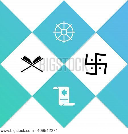 Set Holy Book Of Koran, Torah Scroll, Dharma Wheel And Hindu Swastika Icon. Vector