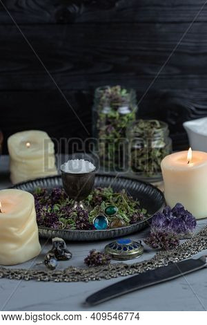 Magic Altar With Mystical Herbs, Salt, Candles And Crystals. Witch Sanctuary Sacred Esoteric Concept
