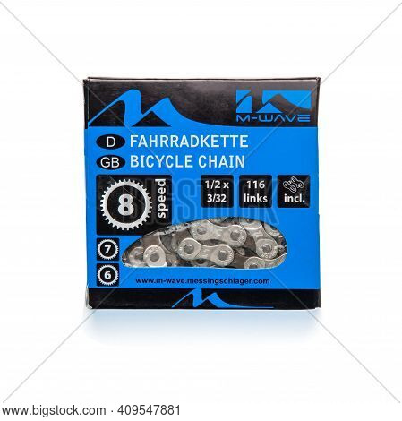 Krasnodar, Russia - February 12, 2021: Blue Box With 8-speed M-wave Bicycle Chain Isolated On White 