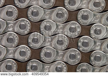 Krasnodar, Russia - February 12, 2021:new Kmc Bicycle Chain For The Whole Frame. Background Image
