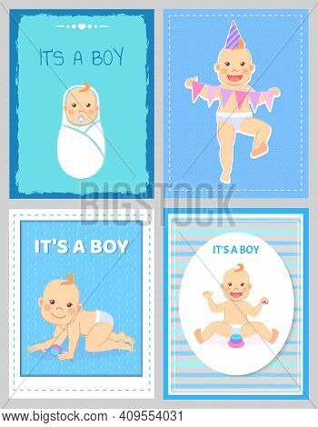 Its A Boy Greeting Card, Baby Milestones, Period From 1 To 12 Month, Newborn Swaddled Infant And One