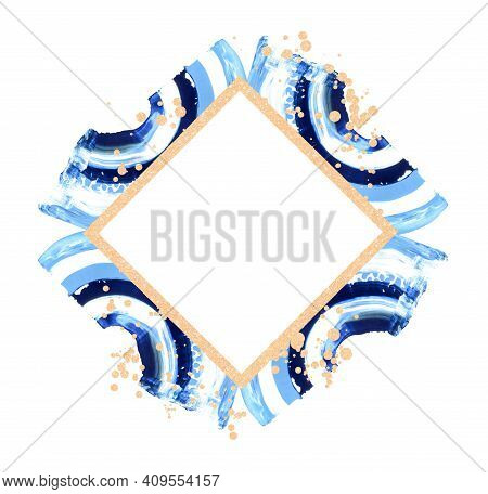 Hand Drawn Blue And Golden Glitter Brushstroke Swash With White Square Rhombus Border. Paint Arch Or