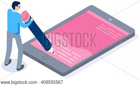 Man Draws With Pencil On Screen. Guy Works With Smartphone Businee Application Vector Illustration. 