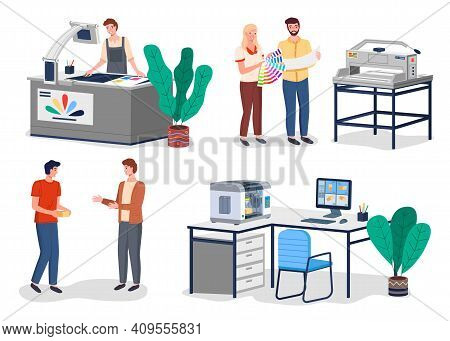 Printing House Different Equipment. Printer Plotter, Offset Cutting Machines And People Workers. Ind
