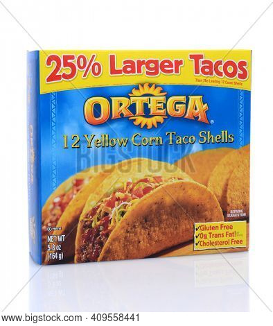 IRVINE, CA - May 14, 2014: A 12 count box of Ortega Yellow Corn Taco Shells. Owned by B and G Foods since 2003, Ortega makes a line of authentic Mexican Foods.