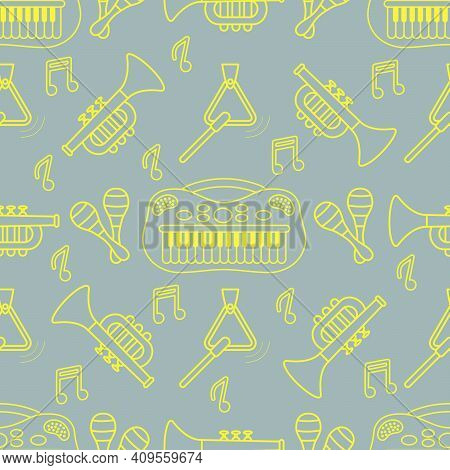 Vector Seamless Pattern With Children's Musical Toys. Illustration With Musical Instruments. Maracas