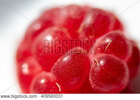 Close-up. Red Sweet Fresh Raspberry Berries Close-up. . Macro Photo.