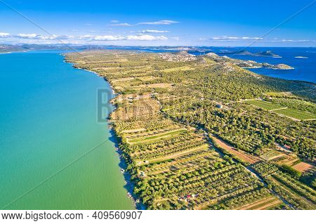 Vransko Lake And Pakostane Adriatic Archipelago Aerial View, Dalmatia Region Of Croatia