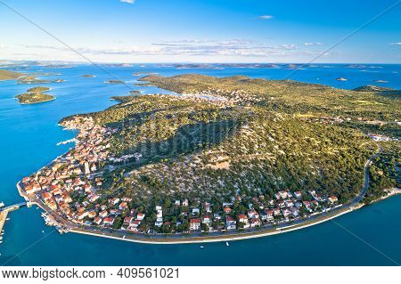 Coastal Town Of Tisno And Murter Archipelago Aerial View, Dalmatia, Croatia