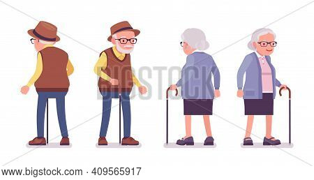 Old People, Elderly Man, Woman With Walking Cane. Senior Citizens, Retired Grandparents, Old-age Pen