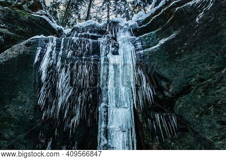 Fascinating Ice Formations And Icicles Called Brtnicke Ice Falls,cz Ledopady, In Bohemian Switzerlan