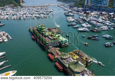 Aberdeen, Hong Kong 24 August 2020: Drone fly over Hong Kong typhoon shelter in aberdeen