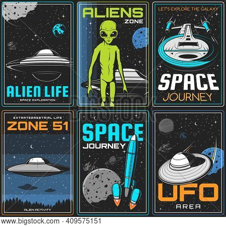 Alien Zone, Ufo Space Journey Retro Posters. Extraterrestrial Civilization Life Spacecrafts, Alien G
