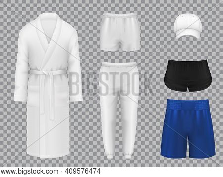 Male Clothes, Realistic Vector Linen, Sportswear And Headwear. 3d Underpants, Bath Robe, And Pants, 
