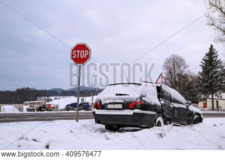 Abandoned Car In The Ditch After The Traffic Accident. The Driver Didn´t Give Way To The Other Car. 